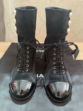 CHANEL Black Suede Lace-Up Ankle Boots with Patent Cap Toe and Pearl Buttons